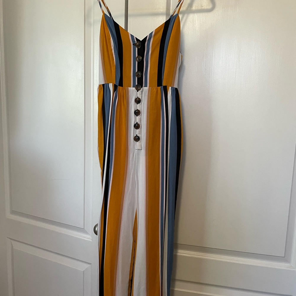 Japna Yellow and White Striped Jumpsuit Relaxed Fit